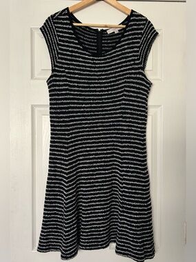LOFT Black White Striped Textured Knit Fit & Flare Dress M